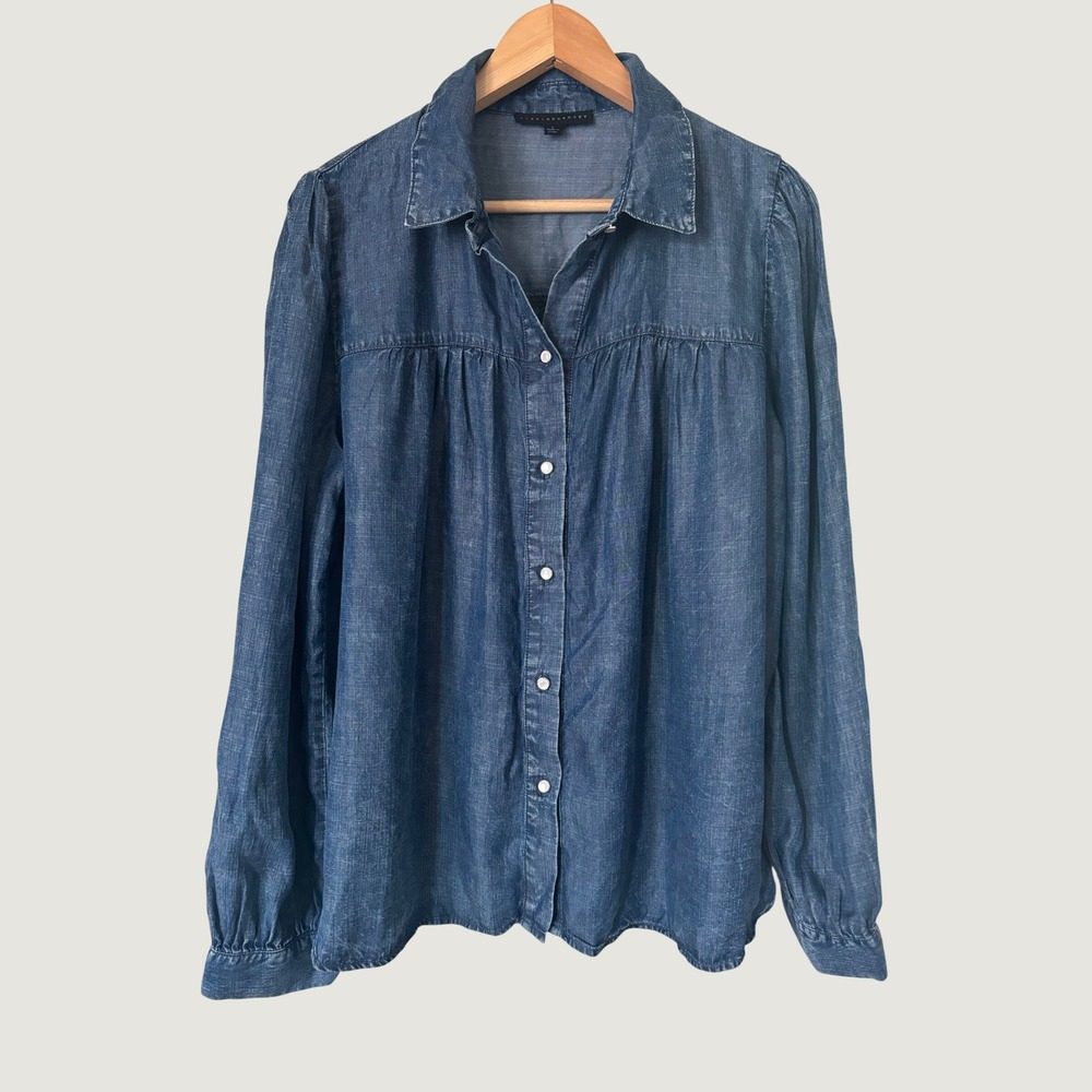 Jane + Delancey Womens Blue Lyocell Denim Button Down Shirt Gathered Yoke Large